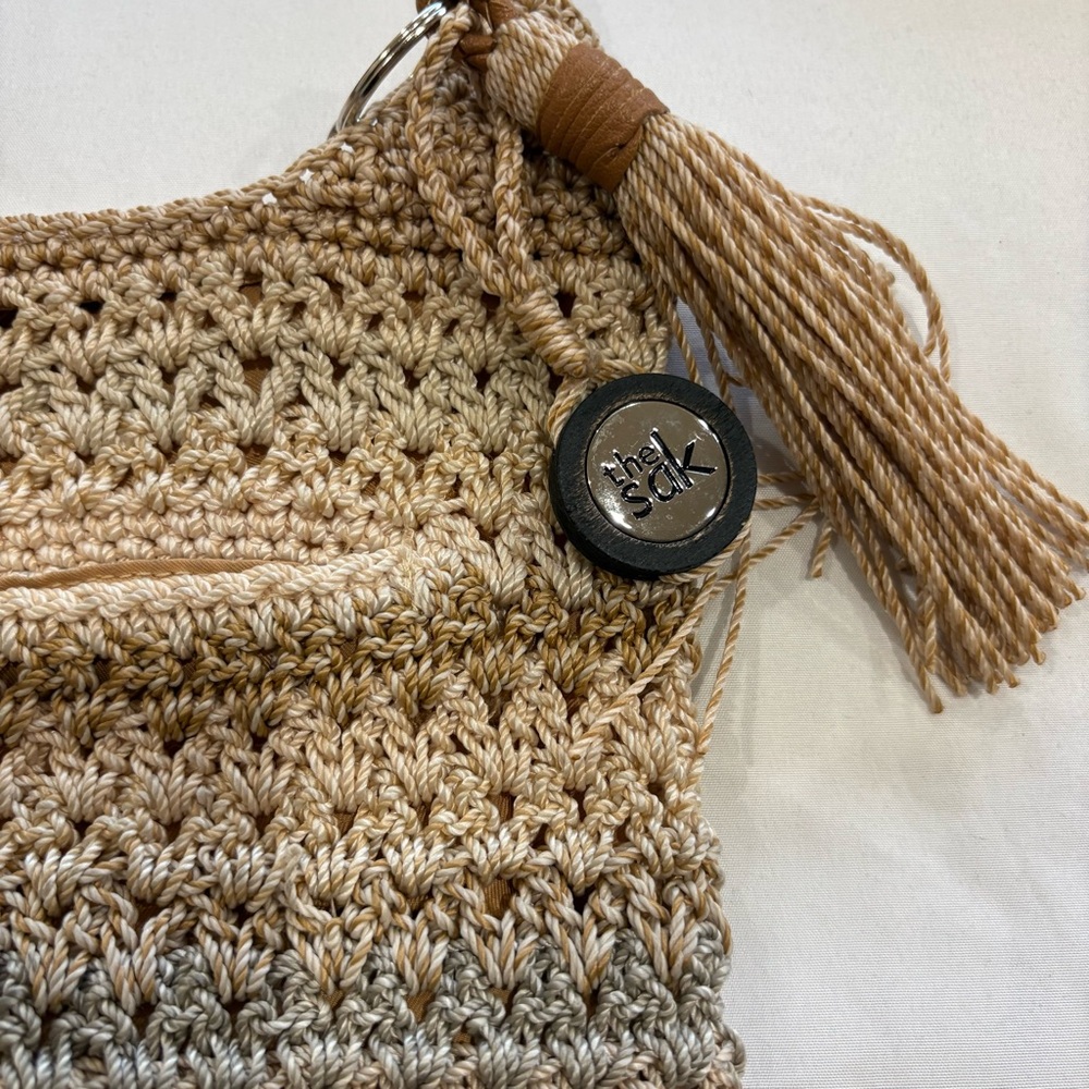 The Sak Crochet Ombre Boho Knit Tassel Hobo Crossbody Bag in Beige and Brown - Picture 4 of 10